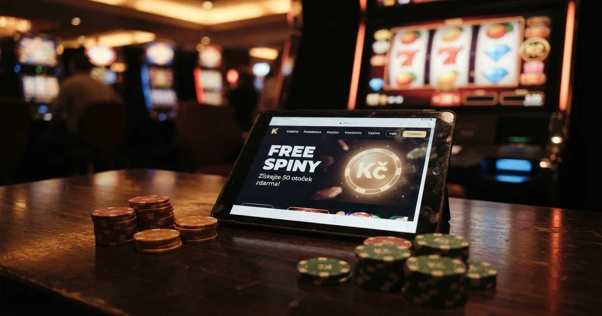Hrdina — rozložení pokerových žetonů, herních automatů na obrazovce a českých korun; v popředí nápis „Free Spiny“ na displeji tabletu