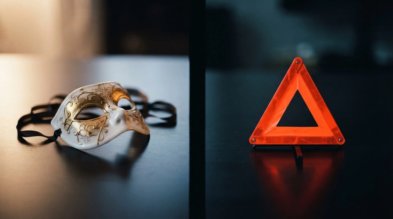 Rozcestník — na jedné straně symbol svobody (maska), na druhé straně symbol rizika (varovný trojúhelník)