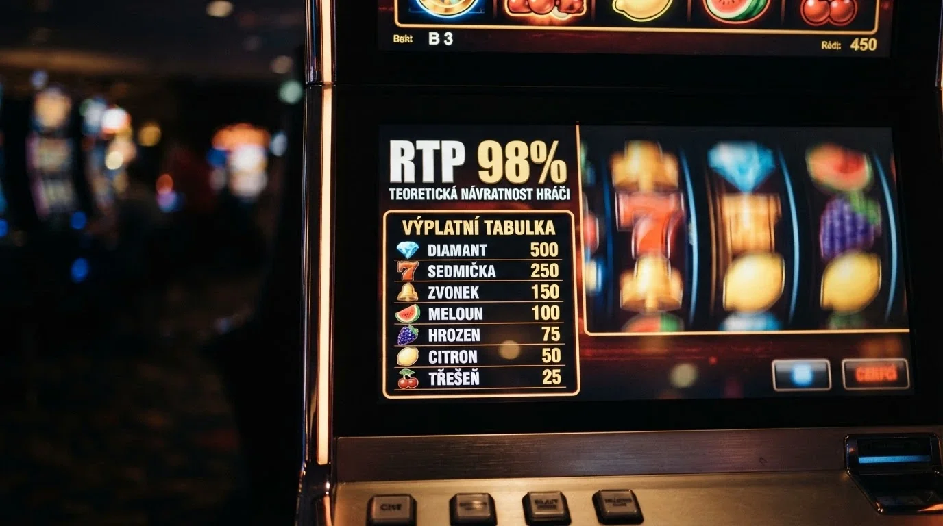 Displej výherního automatu zobrazující informační tabulku s hodnotou RTP 98 % a pásmem výher; v pozadí rotující válce
