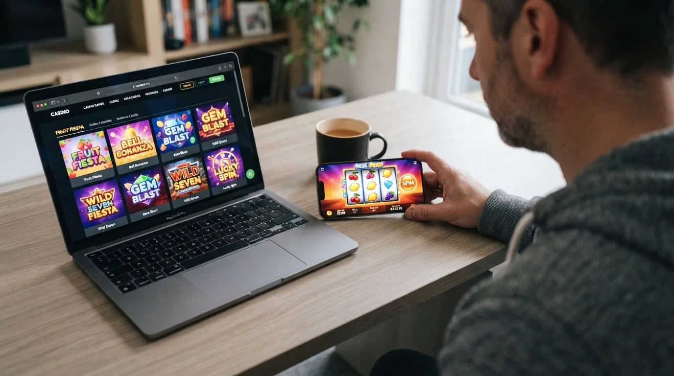 Koláž oblíbených českých online automatů — Respin Joker, Gladorius, 100 Hot Wild — na obrazovce mobilu a notebooku