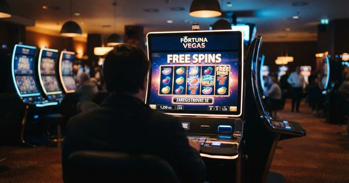 Hráč u online automatu, na obrazovce svítí nápis Free Spins a tlačítko Zaregistrovat se