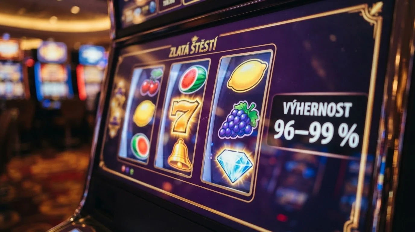 Barevné válce výherního automatu s ovocem, diamanty a sedmičkami, vedle procentuální ukazatel RTP 96–99 %