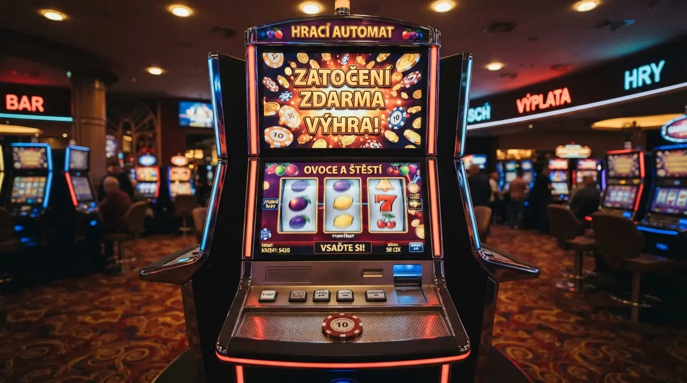 Barevný výherní automat s rotujícími válci a nápisem volná zatočení
