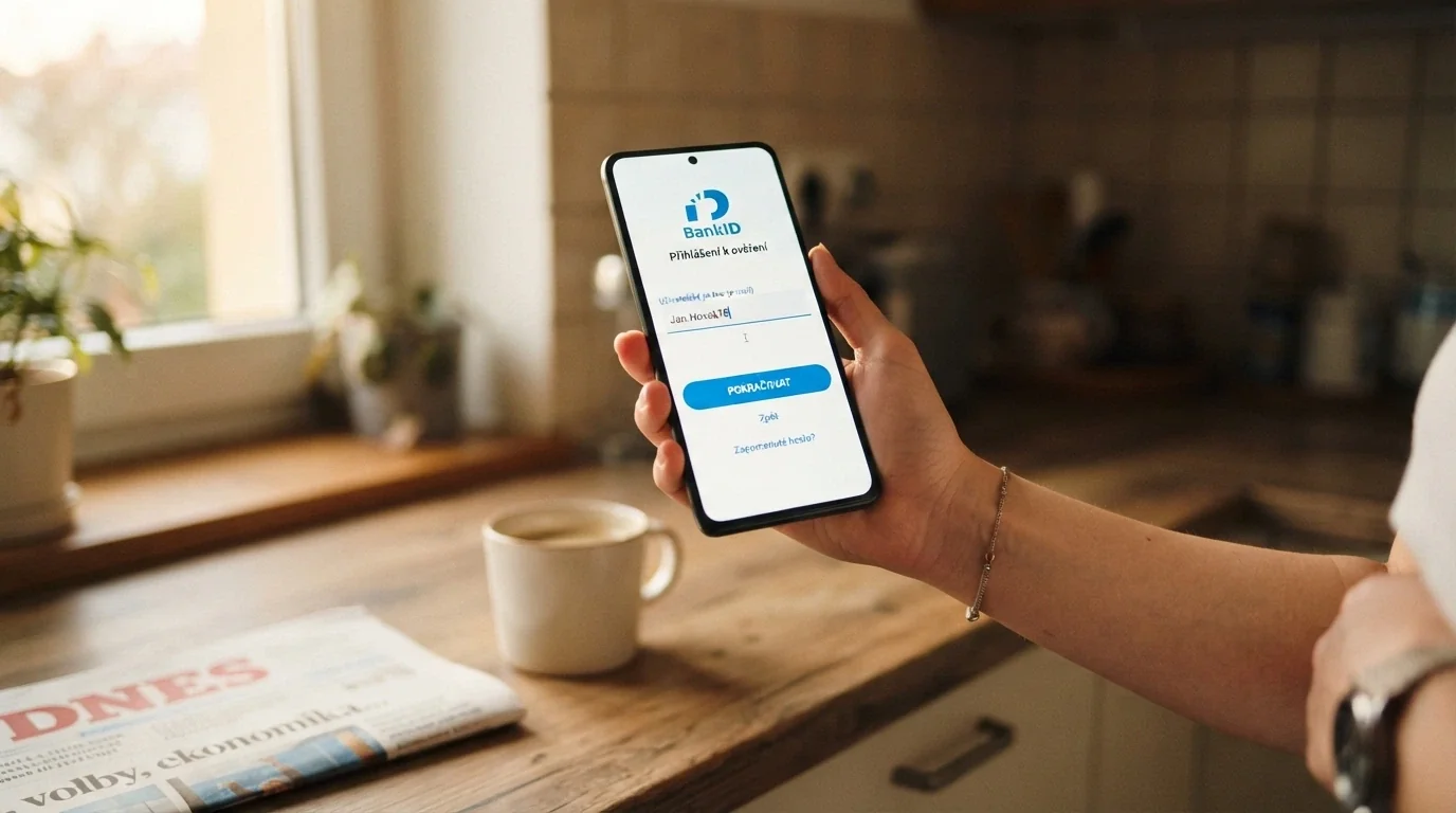 Displej telefonu s přihlašovací obrazovkou BankID a logy českých bank