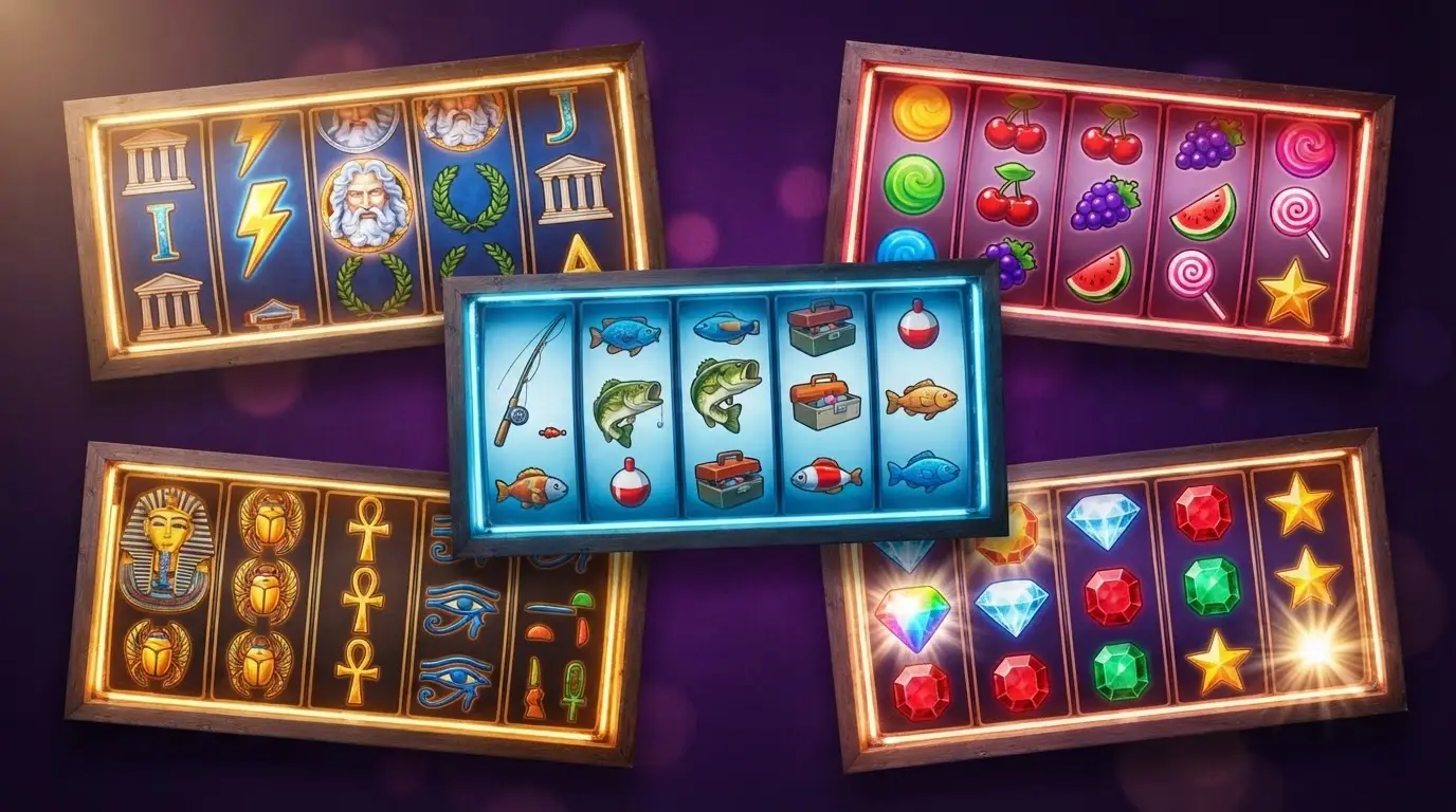 Koláž pěti nejznámějších online automatů (Gates of Olympus, Sweet Bonanza, Big Bass Bonanza, Book of Dead, Starburst)