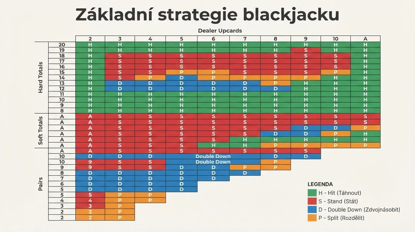 Tabulka základní blackjackové strategie s barevně odlišenými tahy
