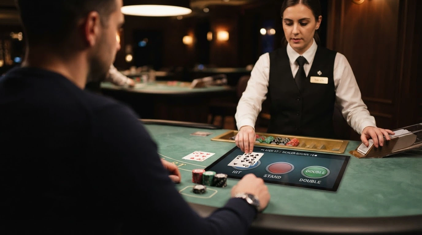 Krupiér rozdává karty u blackjackového stolu, v záběru hráčské rozhraní s tlačítky hit/stand/double