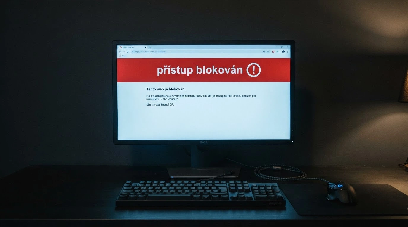 Obrazovka počítače s varovnou hláškou „přístup blokován“ a symbolem zákazu vstupu na pozadí výstražného trojúhelníku