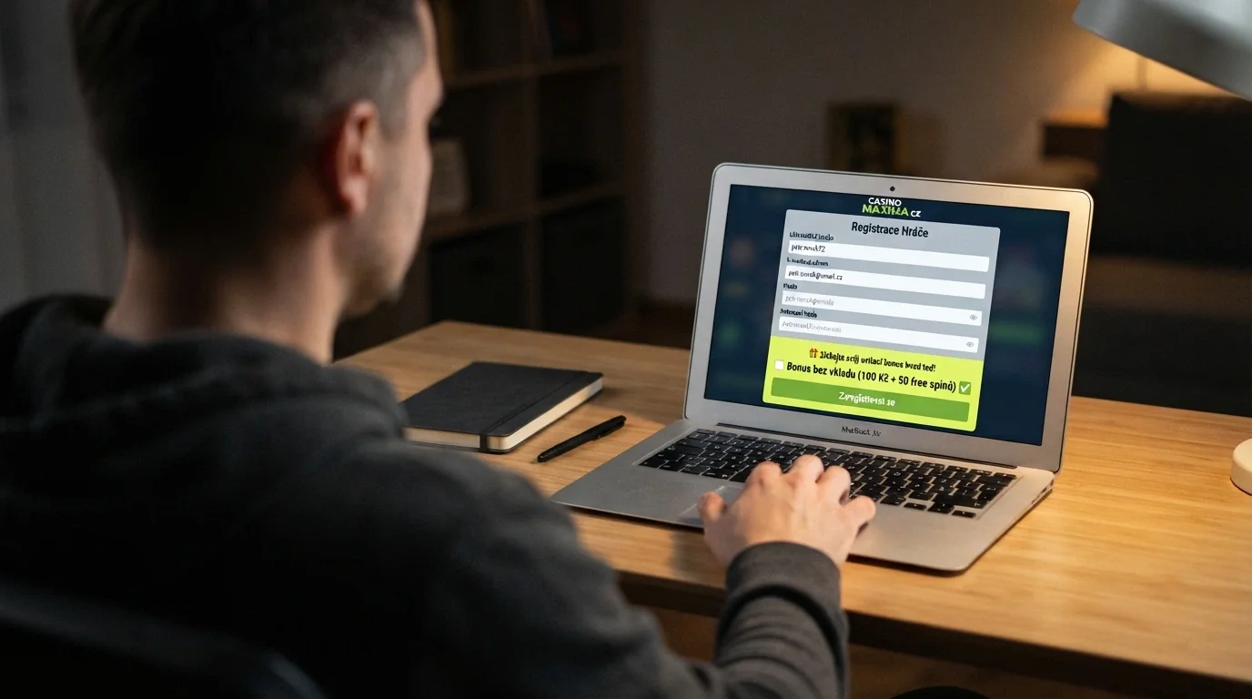 Detail registračního formuláře online casina se zvýrazněnou sekcí „bonus bez vkladu“