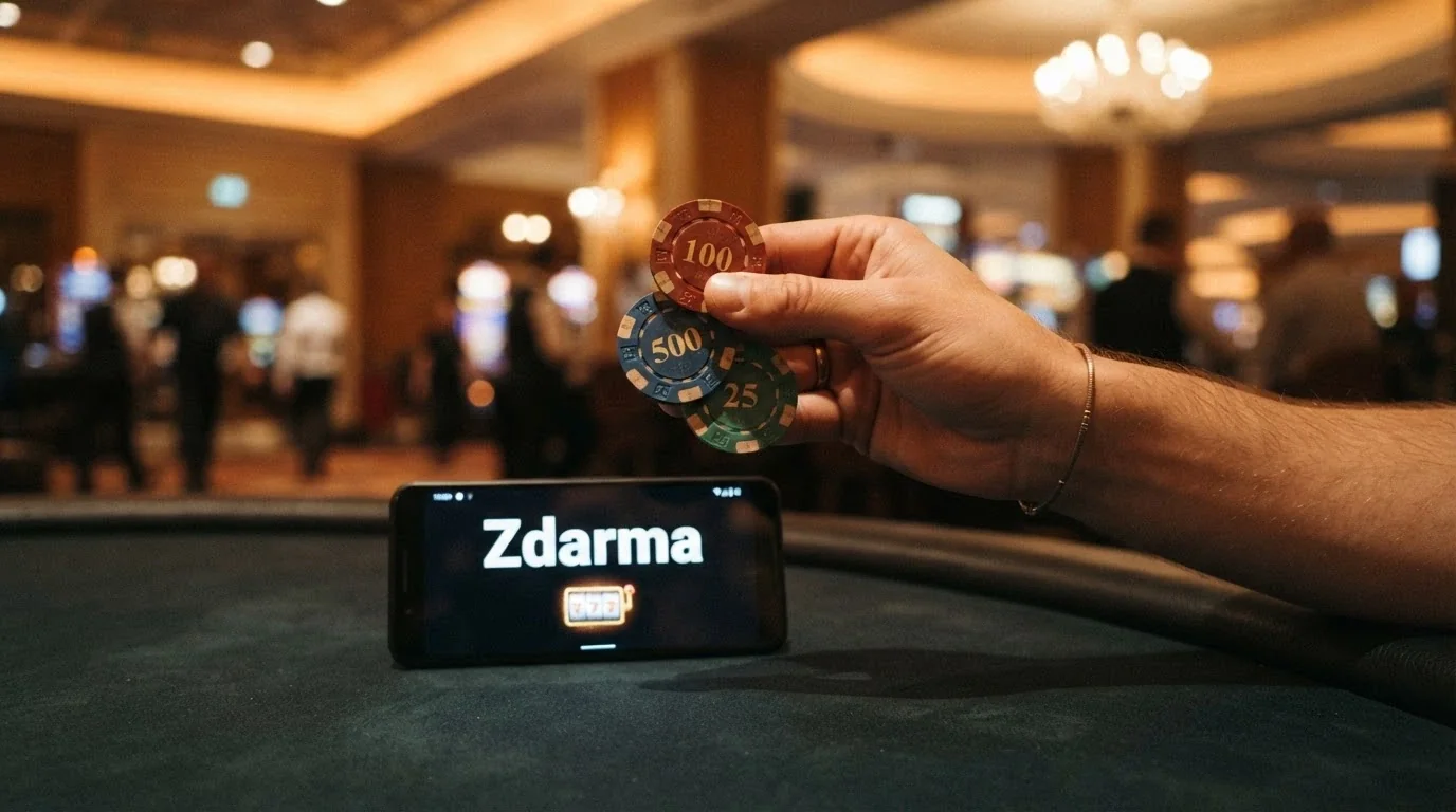 Dlaň držící zlaté mince a volné žetony, v pozadí nápis „zdarma“ a symboly free spinů