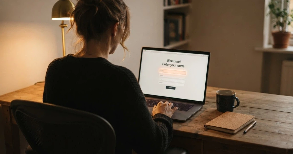 Zadání promo kódu v registračním formuláři online casina na obrazovce notebooku