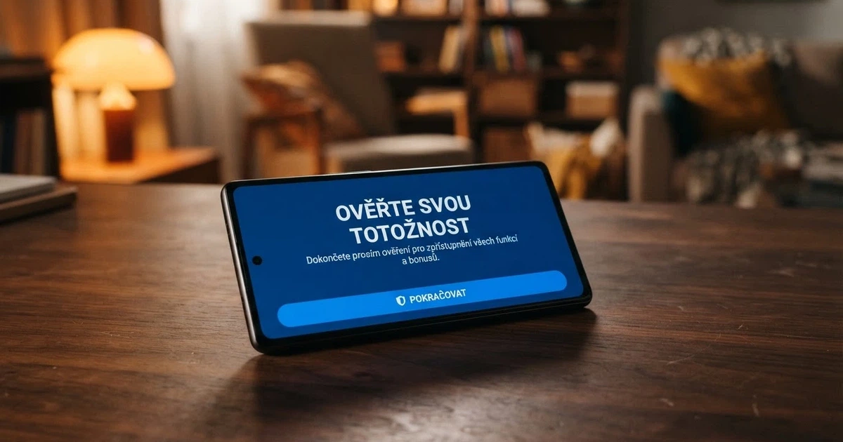 Obrazovka mobilního telefonu s rozhraním českého online casina a nápisem „Ověřte svou totožnost“ přes celý displej
