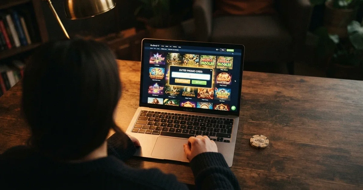 Online casino lobby s polem pro zadání promo kódu a zvýrazněnou sekcí bonusů