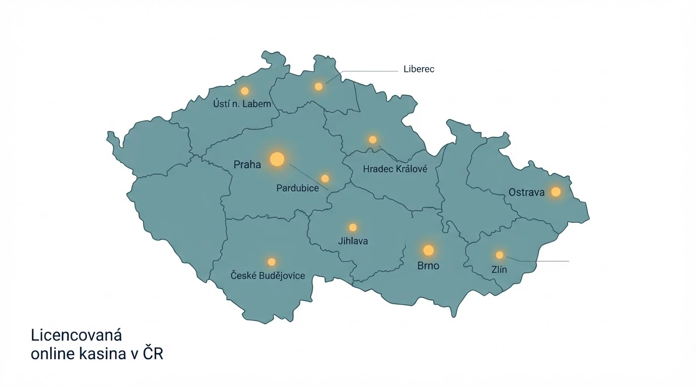 Mapa České republiky s vyznačenými licencovanými online kasiny