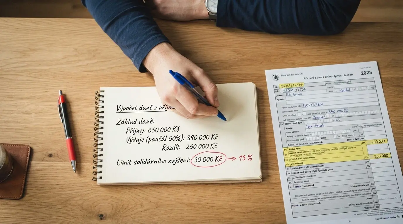 Daňové přiznání, kalkulačka a zvýrazněná částka 50 000 Kč