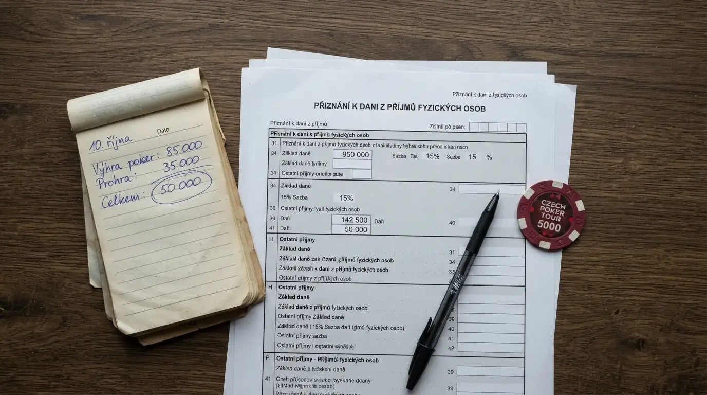 Kalkulačka a formulář daňového přiznání vedle symbolu 50 000 Kč hranice — vizuální připomínka daňové pasti