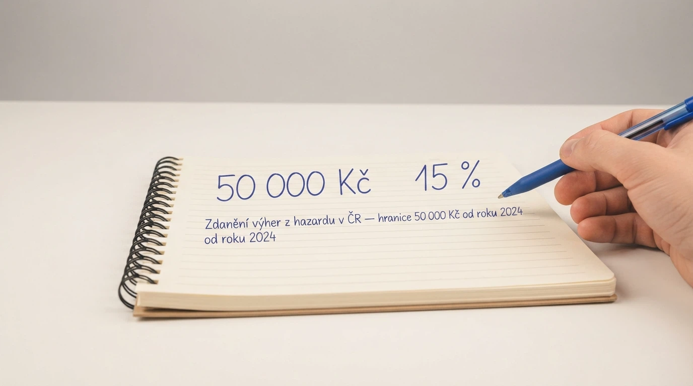 Kalkulačka s čísly — na displeji částka 50 000 Kč a sazba 15 %, pod ní řádek „Zdanění výher z hazardu v ČR — hranice 50 000 Kč od roku 2024“
