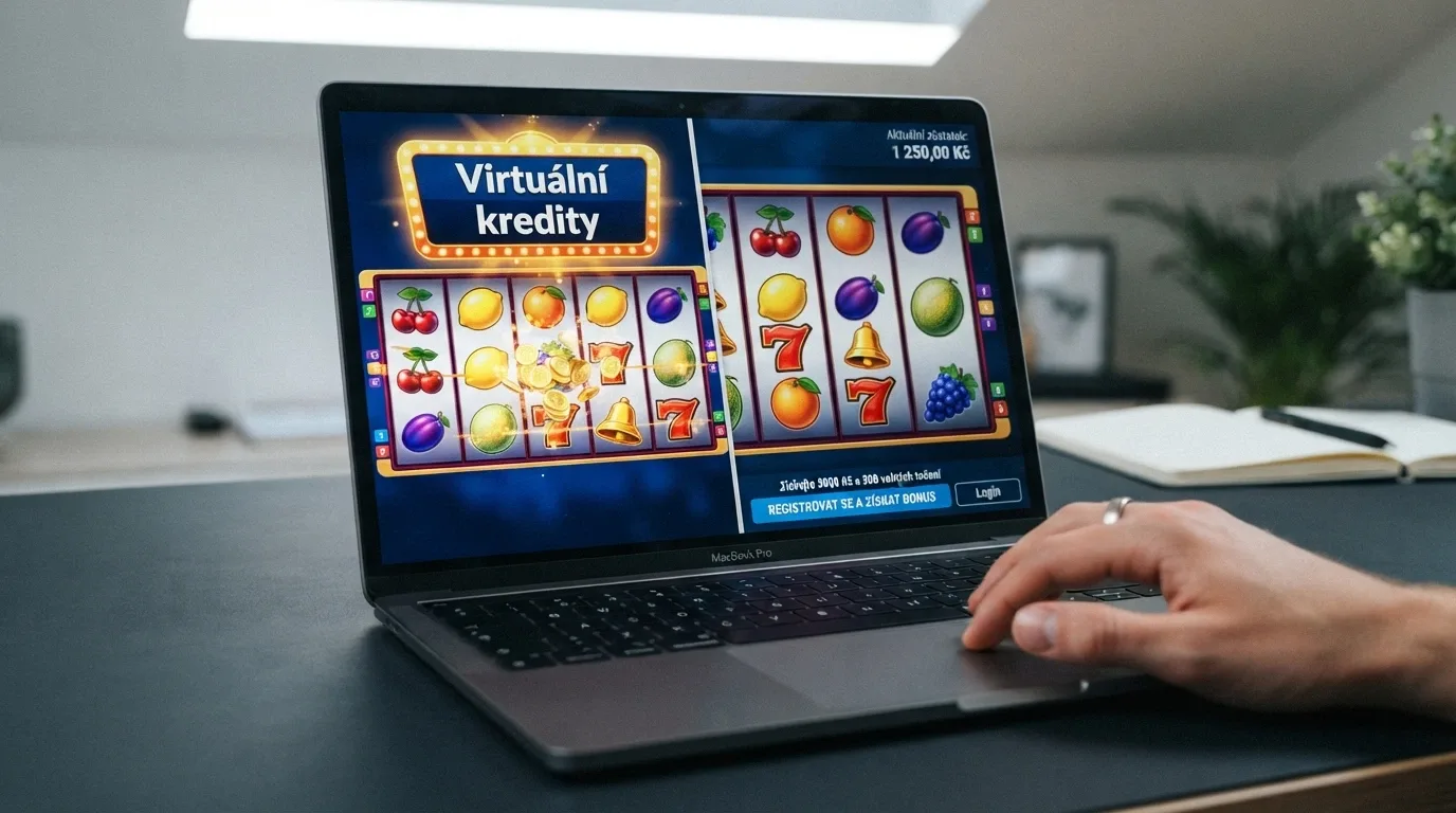 Rozdělená obrazovka: vlevo demo automat s nápisem „virtuální kredity“, vpravo stejný automat s částkou v Kč