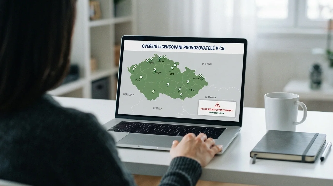 Mapa České republiky se zvýrazněnými sídly licencovaných provozovatelů a varovným symbolem u zahraniční domény