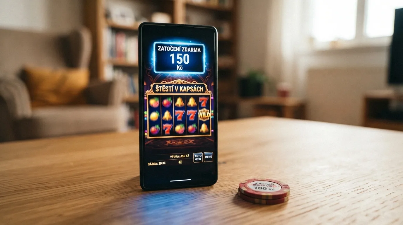 Mobilní telefon zobrazující nabídku free spinů bez nutnosti vkladu v českém online casinu
