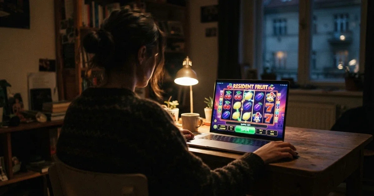 Hráč u obrazovky notebooku, na které se točí online automat s nápisem „Free Spiny“, v pozadí české prostředí