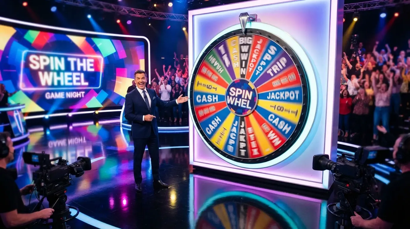 Barevné studio herní show s velkým rotujícím kolem, moderátorem a publikem na obrazovkách — styl Crazy Time nebo Monopoly Live