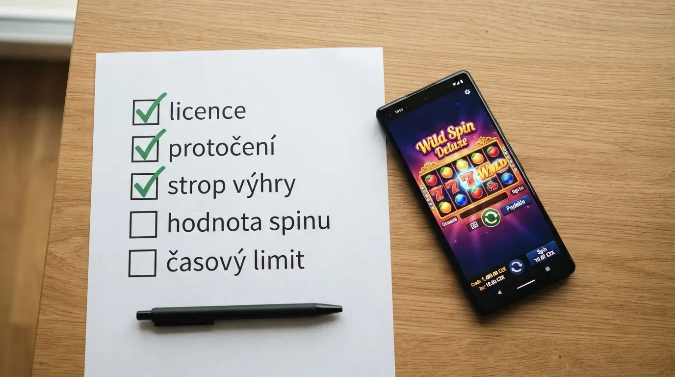 Kontrolní seznam s odškrtávacími body — licence, protočení, strop výhry, hodnota spinu, čas — vedle roztočeného automatu