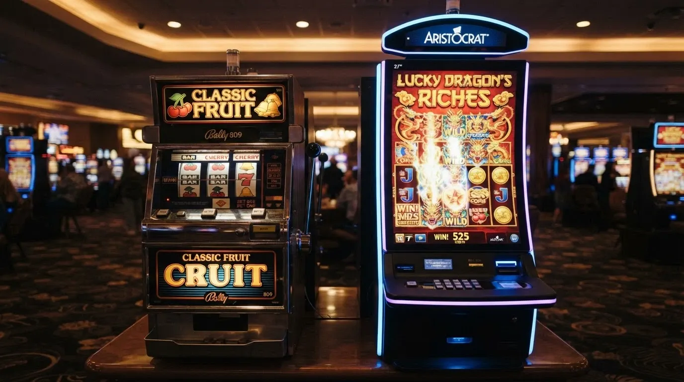 Dva automaty vedle sebe — vlevo klasický tříválcový ovocný automat, vpravo moderní pětiválcový video slot s animacemi