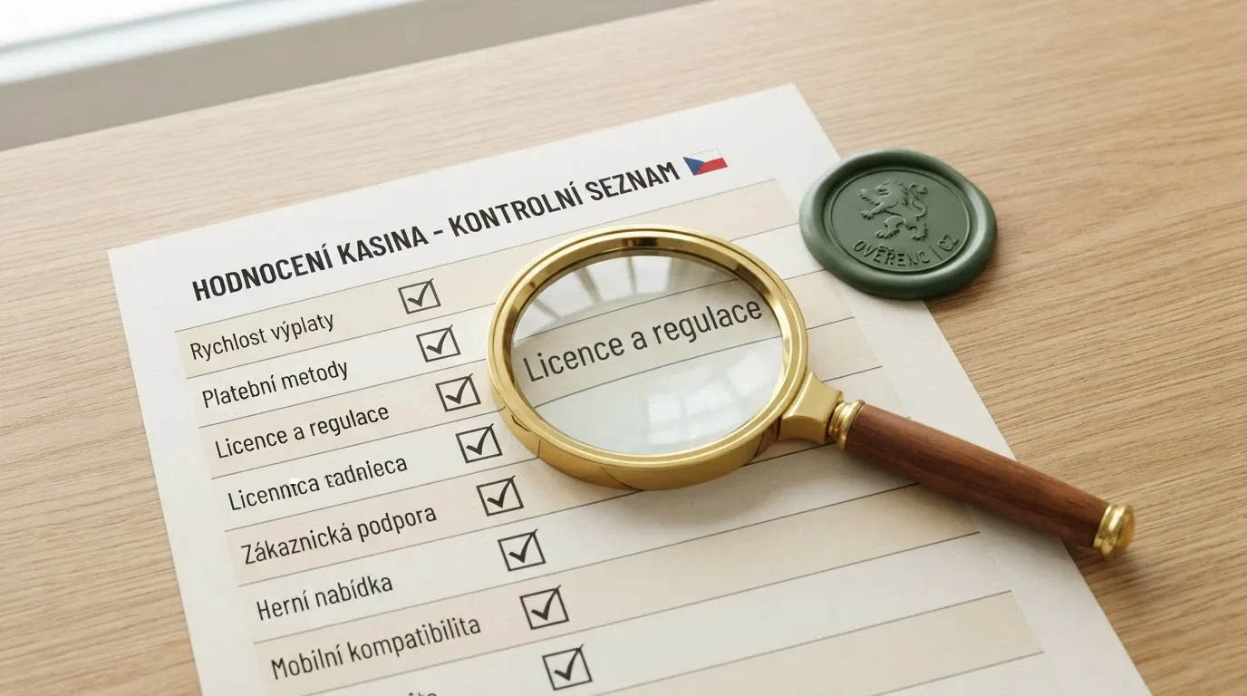 Lupa nad seznamem kritérií — rychlost výplaty, platební metody, licence — vedle logo MF ČR
