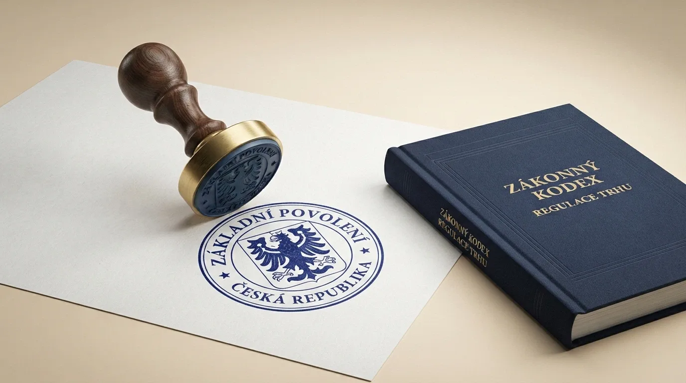 Úřední razítko Ministerstva financí ČR na dokumentu s nápisem základní povolení, vedle výňatek ze zákona č. 186/2016 Sb.