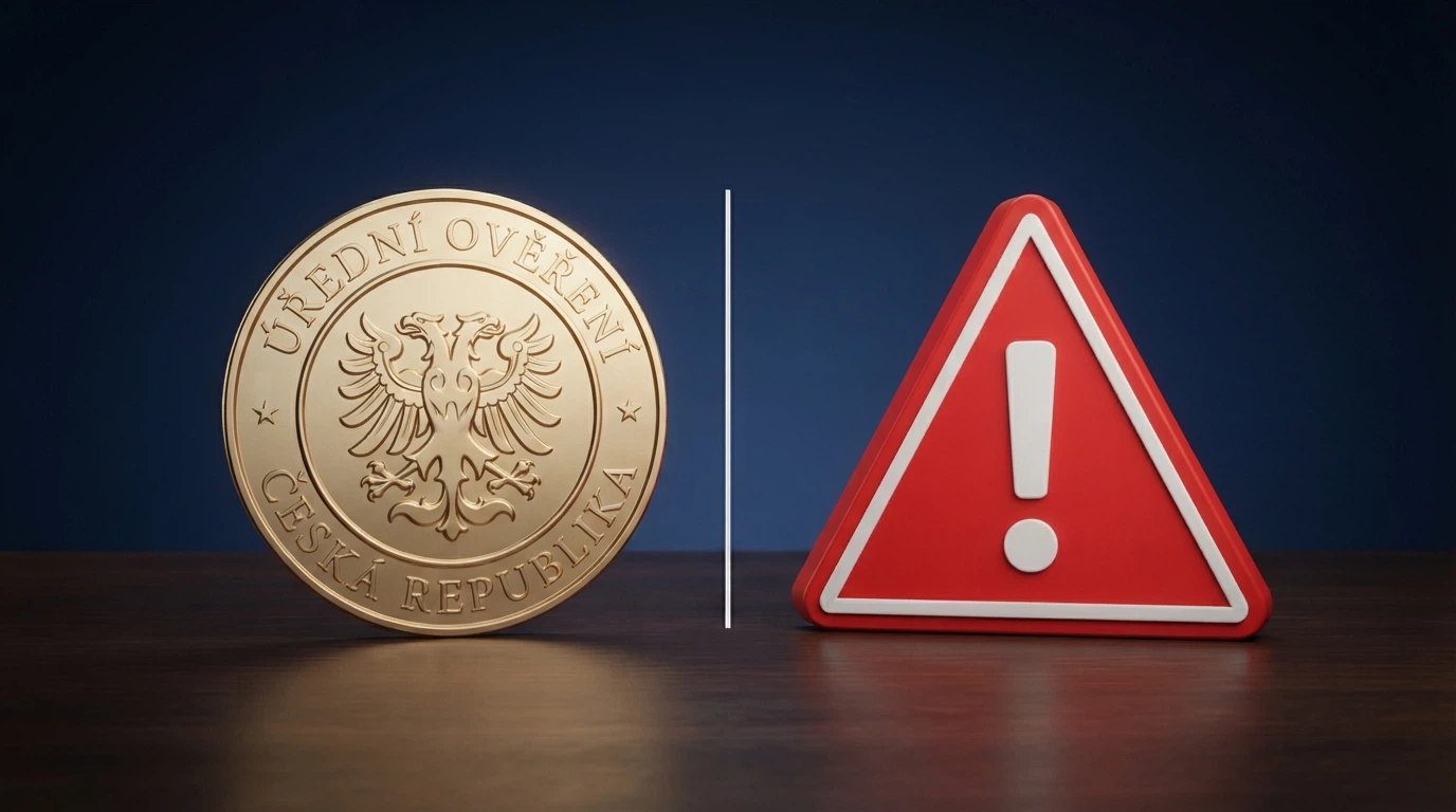 Úřední pečeť Ministerstva financí ČR vedle výstražného trojúhelníku s textem „Nelegální casino — žádná licence, žádná ochrana“ — kontrastní vizuál