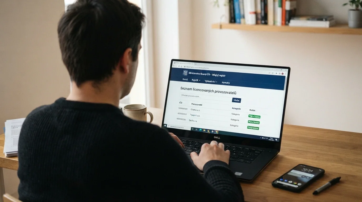 Úřední dokument s razítkem Ministerstva financí ČR a výřez z veřejného registru licencí na obrazovce počítače