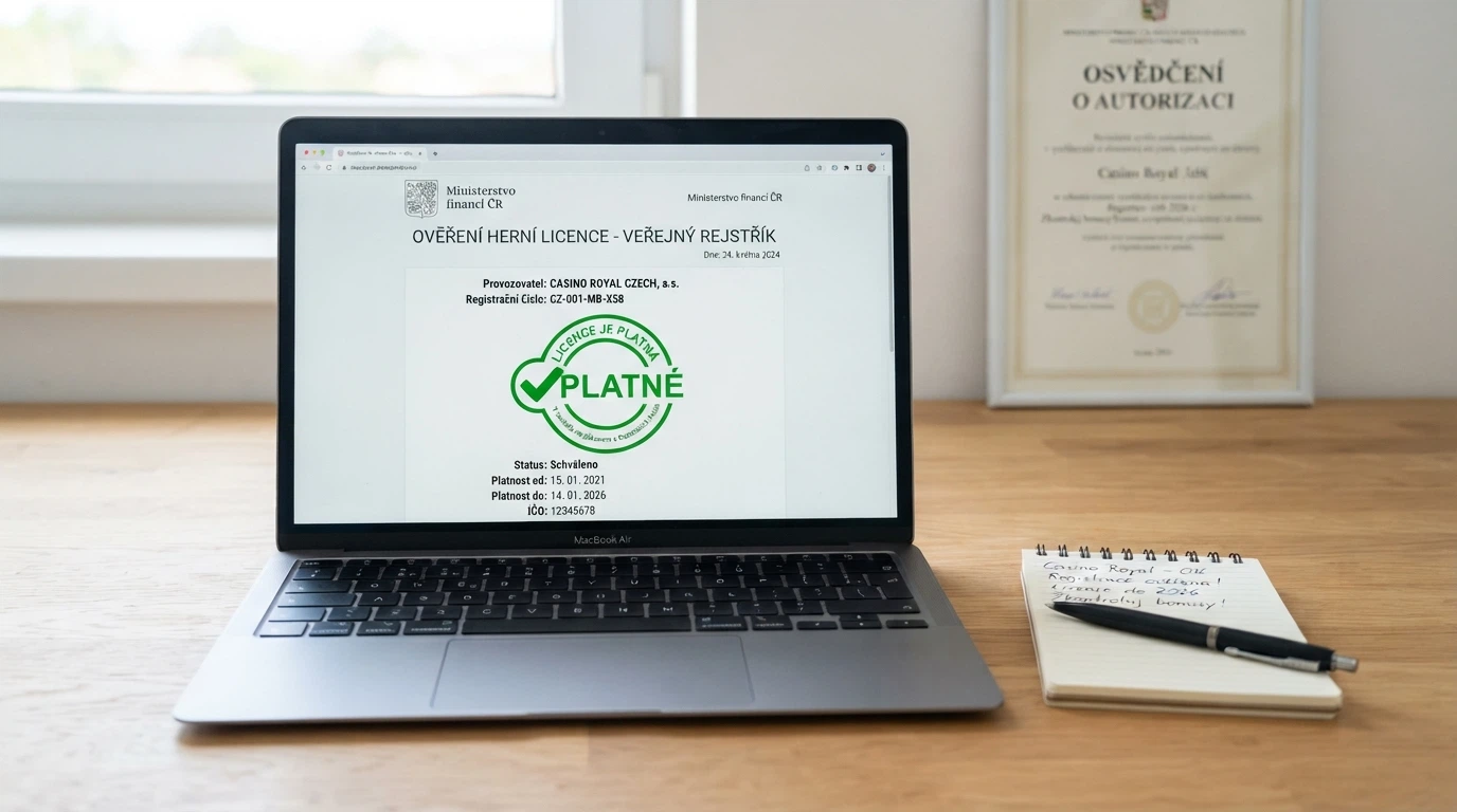 Úřední dokument s razítkem Ministerstva financí ČR a lupou, která odhaluje nápis „platné povolení“