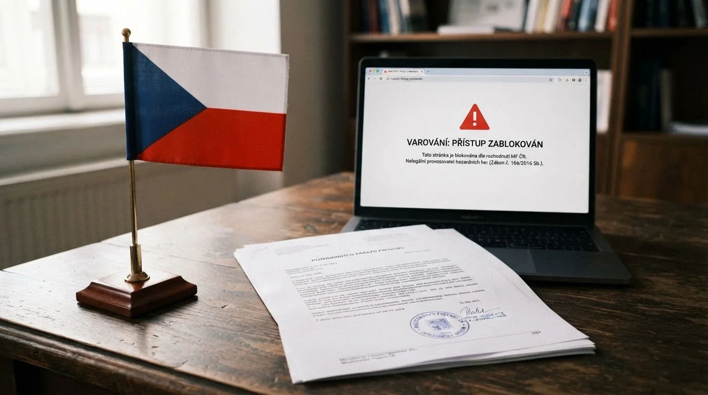 Česká vlajka vedle úředního dokumentu s razítkem MF ČR a varovným symbolem u webu bez licence