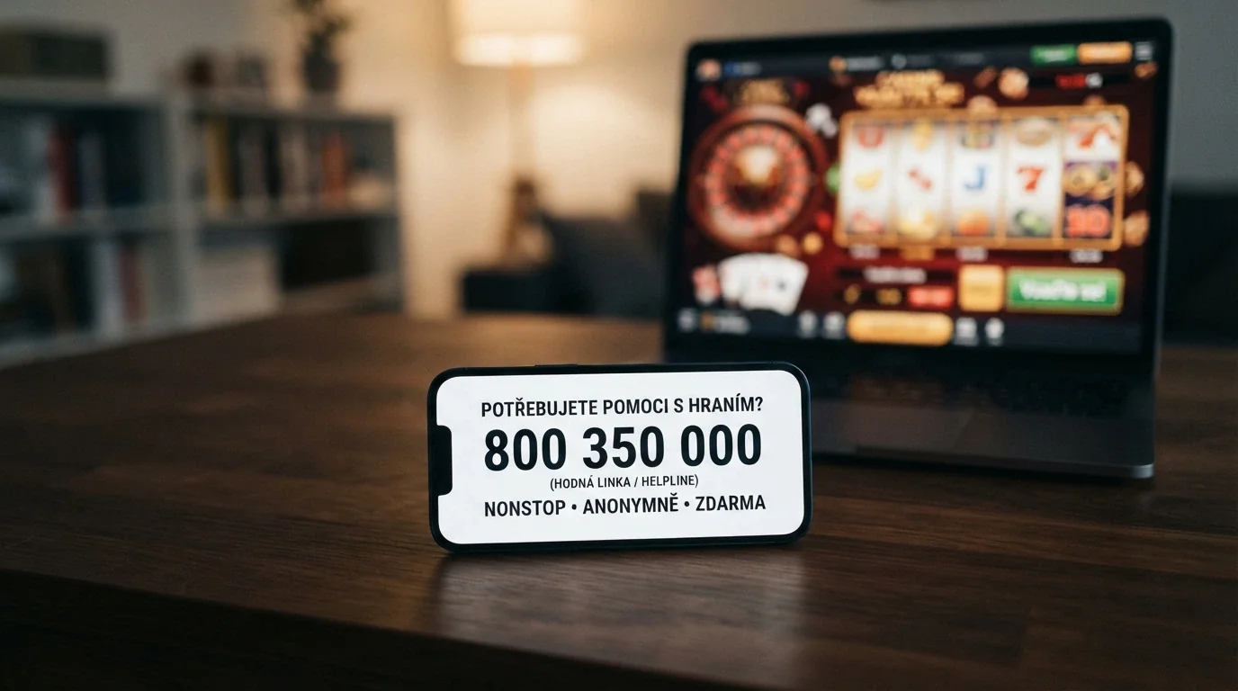 Telefon s vytočeným číslem linky pomoci na displeji, v pozadí herní lobby