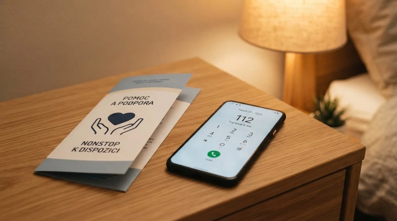 Telefon s vytočeným číslem linky pomoci a letákem Zodpovědné hraní