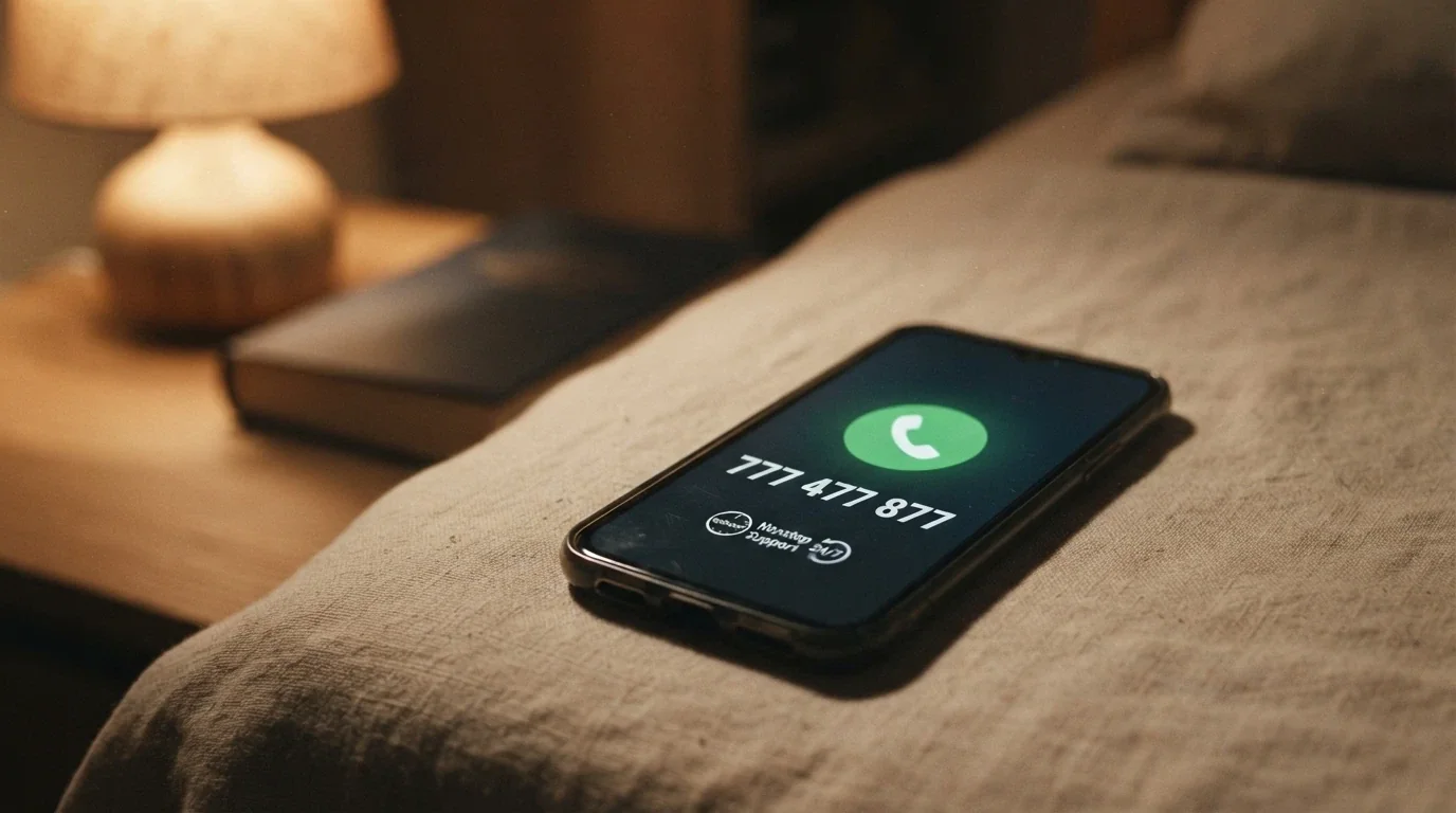 Telefon s vytočeným číslem 777 477 877 na displeji, vedle něj symbol nonstop podpory