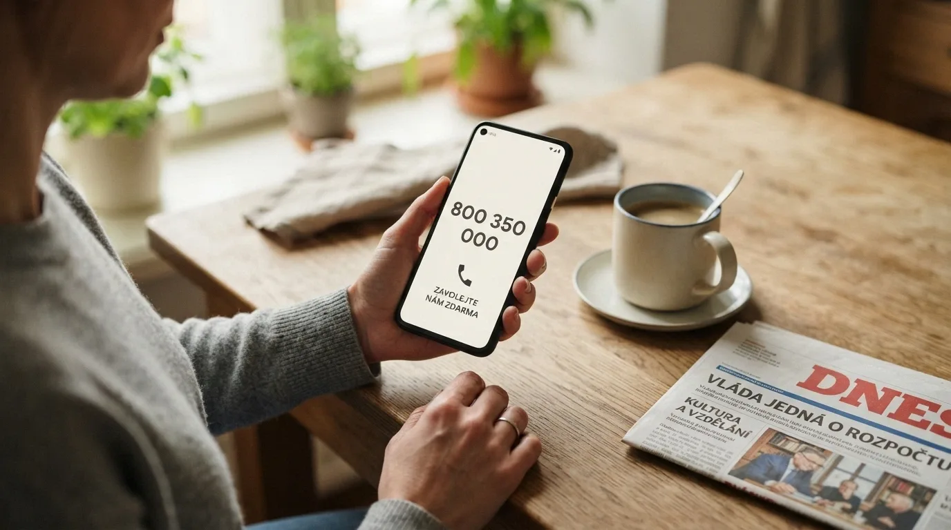 Telefon s vytočeným číslem linky pomoci — 800 350 000