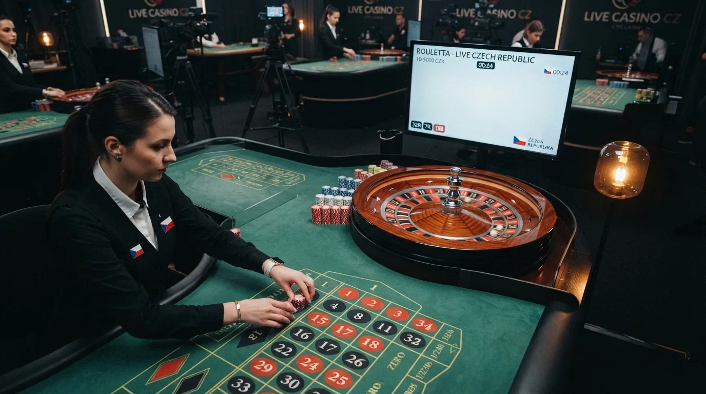 Krupiér u rulety v živém přenosu, na druhém monitoru běží rozhraní Tipsport Vegas live casina