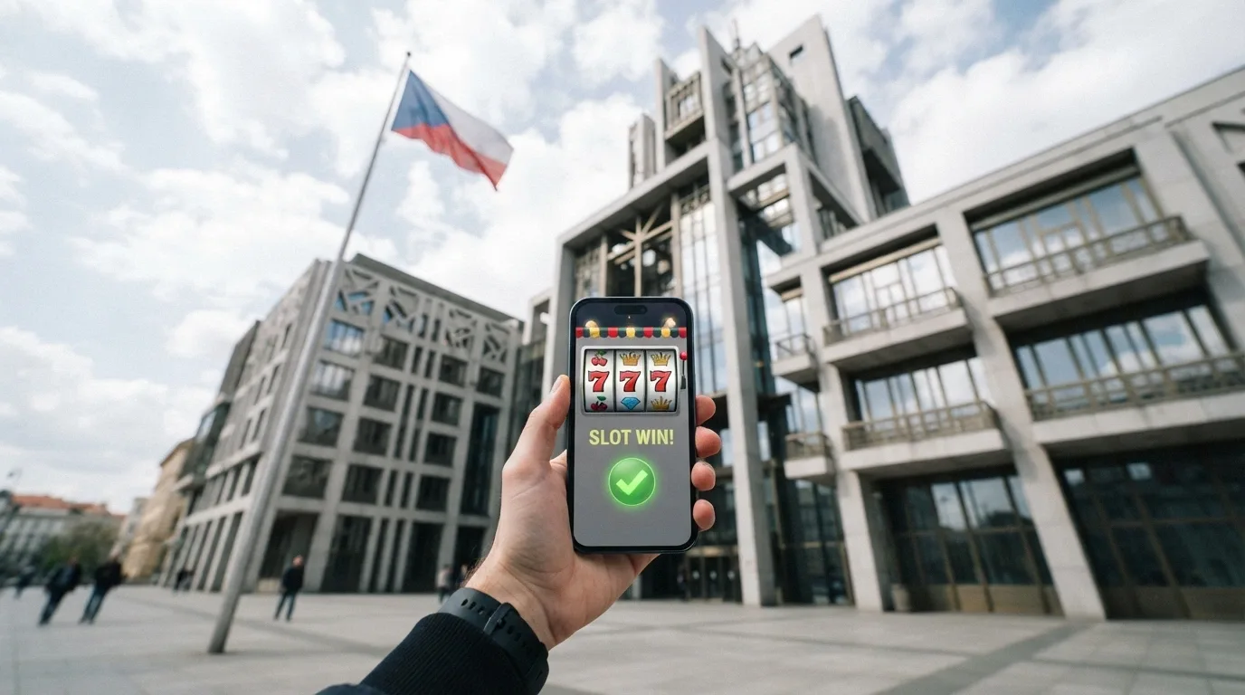 Úřední budova Ministerstva financí ČR s logem a razítkem vedle mobilního telefonu zobrazujícího online casino