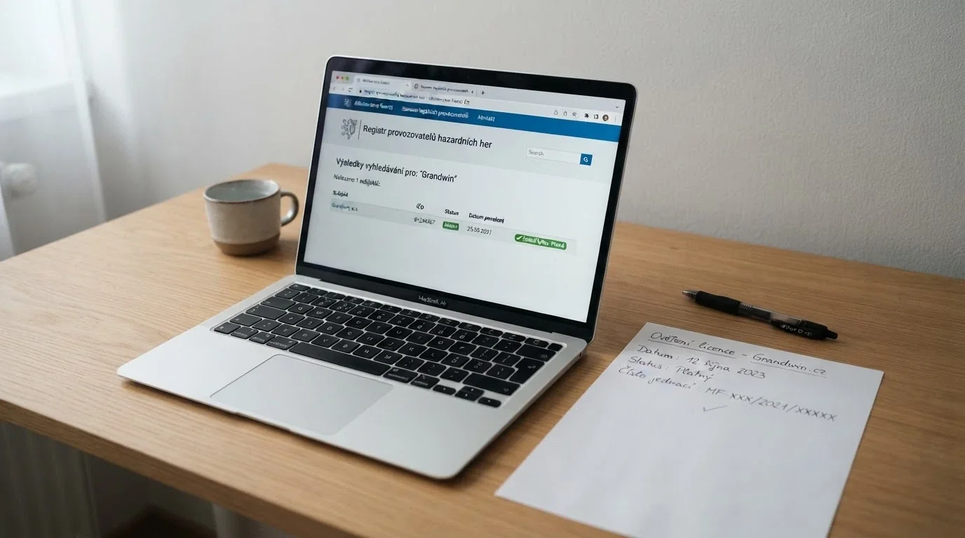 Úřední dokument s razítkem Ministerstva financí ČR vedle otevřeného registru licencí na monitoru