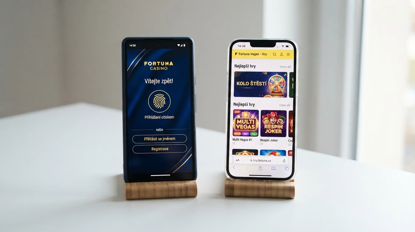 Dva mobilní telefony vedle sebe — na levém nativní aplikace kasina s biometrickým přihlášením, na pravém PWA v prohlížeči