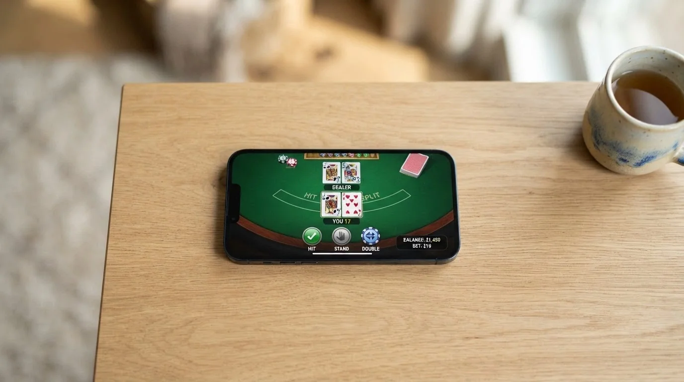 Mobilní telefon v režimu na šířku zobrazující live blackjack — karty, krupiér, sázkové rozhraní optimalizované pro dotyk