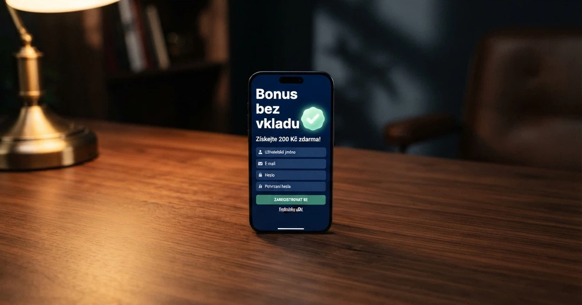 Mobilní telefon s otevřenou registrační stránkou českého online casina a nápisem „Bonus bez vkladu“