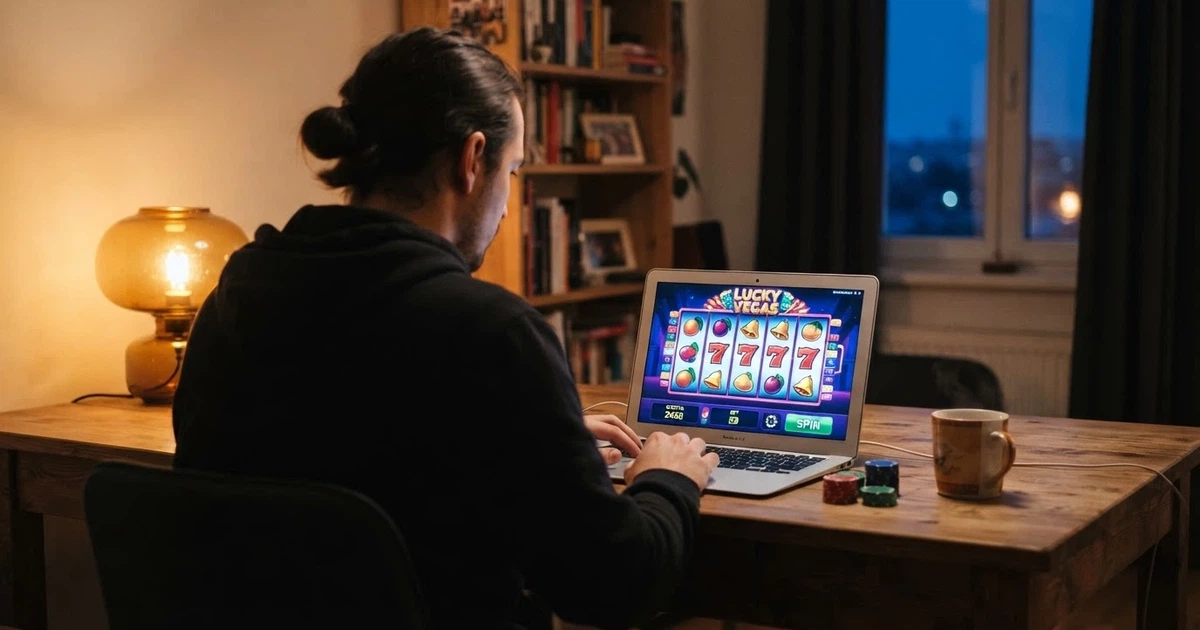 Hráč u notebooku vybírá zahraniční online casino s bonusem za registraci