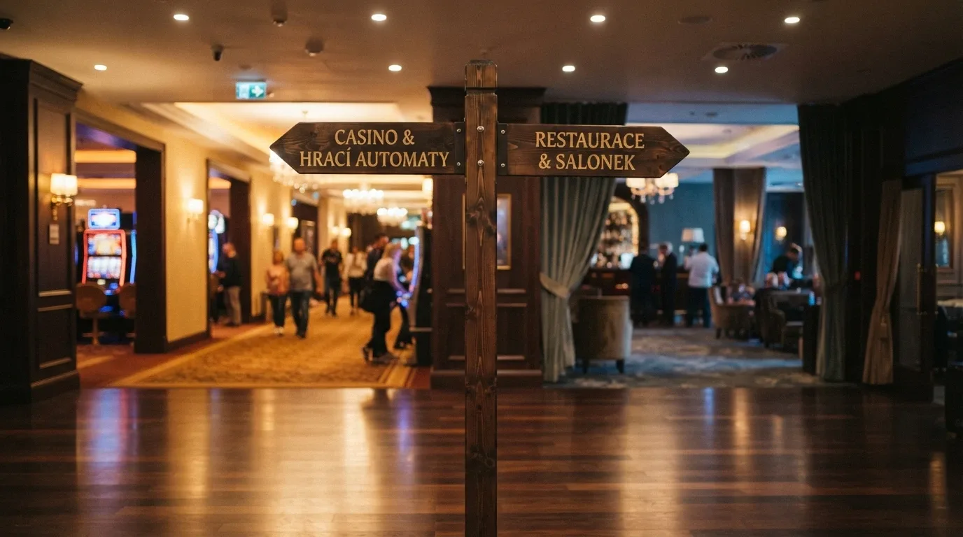 Rozcestník s nápisy Nový hráč a Stávající hráč na pozadí casino lobby