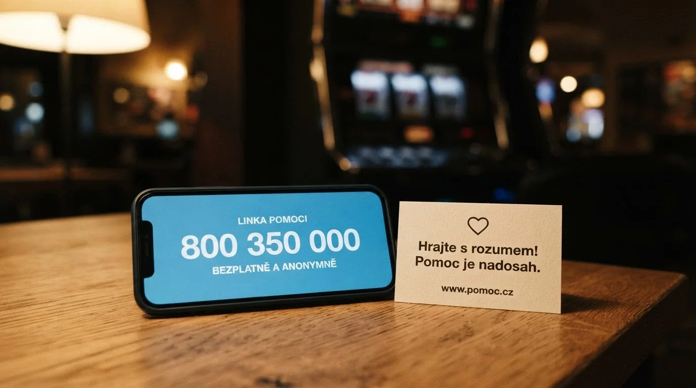 Telefon na stole s vytočeným číslem 800 350 000 na displeji; vedle něj vizitka s logem Linky pomoci Podané ruce; v pozadí rozostřený automat