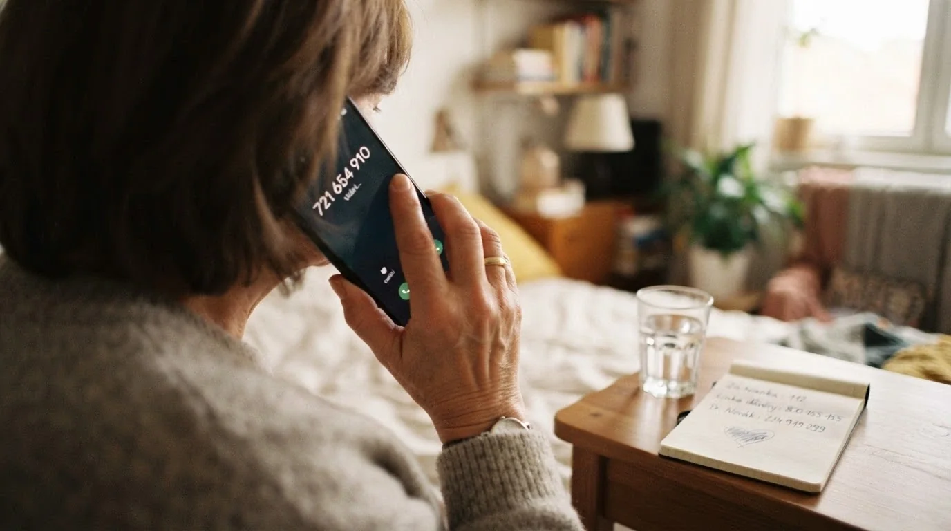 Telefon s vytočenou linkou pomoci 777 477 877, vedle sklenice vody a poznámkového bloku s kontakty