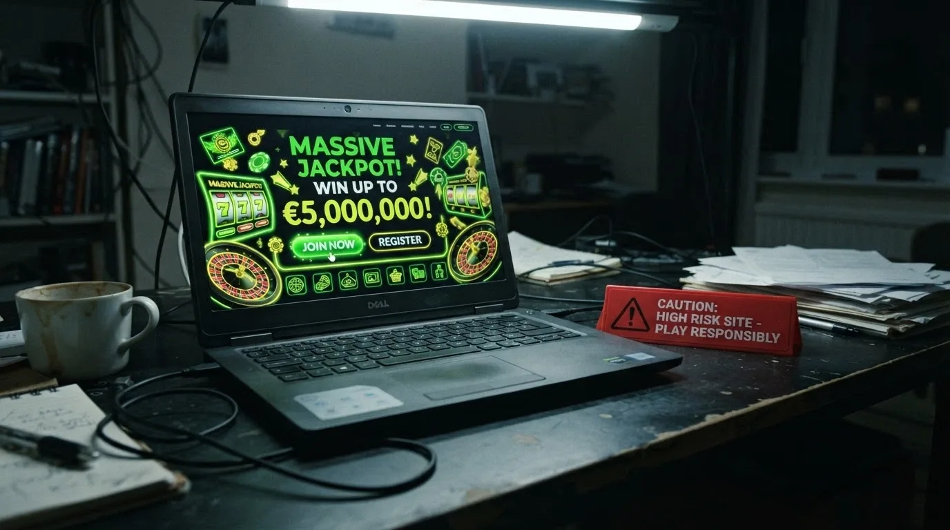 Rozhraní podezřelého zahraničního webu slibujícího „bonus bez ověření“, vedle výstražný symbol