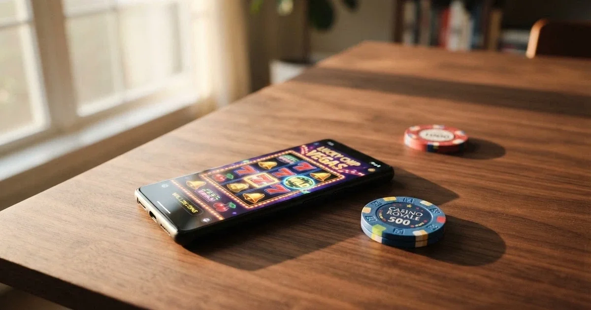 České koruny a eurové mince vedle sebe na stole s mobilem zobrazujícím online casino